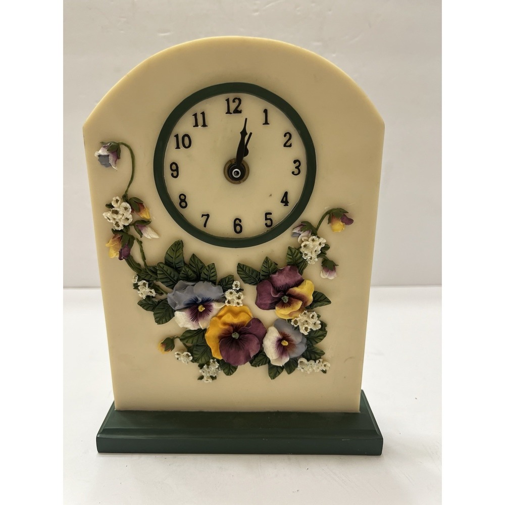 Vintage Artisan Fare Inc. Desk Clock Pansy Collection Ceramic Hand Painted 3D 8"